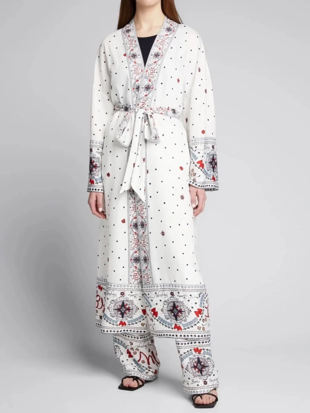 Badgley Mischka White Printed Long Robe with Red & Navy Accents - Picture 1 of 5